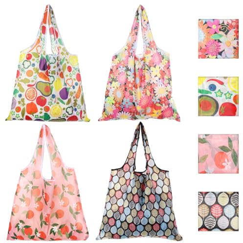 4 Stück Wiederverwendbare Einkaufstasche Faltbar, Große Kapazität 45x40cm Faltbare Shopping Bag Waschbar Einkaufsbeutel Faltbar, Leicht Faltbare Tasche, Falttasche Grocery Bag für Einkaufen Reisen