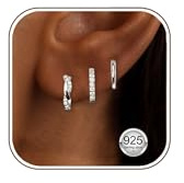 3 Paar Ohrringe Silber 925 Set für Damen 14K Vergoldet & Silber 925 Verplattiert Zirkonia Creolen Hypoallergene Huggie Hoops Stapelbare Ohrringe für mehrere Piercings