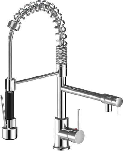 Kitchen Sink Mixer Tap with Two Spouts, Single Handle Pull Out Sprayer, 360 Degree Rotation High Arc Tap, Metal Brass Construction for Easy DIY Installation
