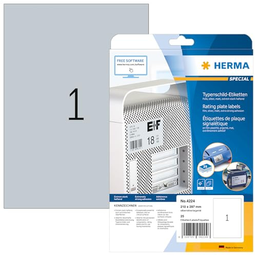 HERMA 4224 Typenschild Folien-Etiketten silber, 25 Blatt, 210 x 297 mm, 1 pro A4 Bogen, 25 Stück, selbstklebend, bedruckbar, wetterfest, blanko Klebeetiketten Aufkleber aus Folie