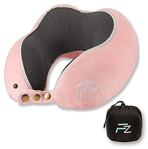 FLOWZOOM Nackenkissen für Kinder ab 6 Jahre - einstellbares Memoryschaum Kinder-Schlafkissen für Auto mit weichem, atmungsaktivem & waschbarem Bezug - inkl. Beutel - Rosa, Größe M (ab 6 J.)