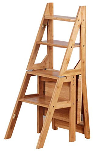 GJSN - Sgabello pieghevole facile e pratico, in legno di bambù, sedia pieghevole con 4 gradini, sgabello con manico