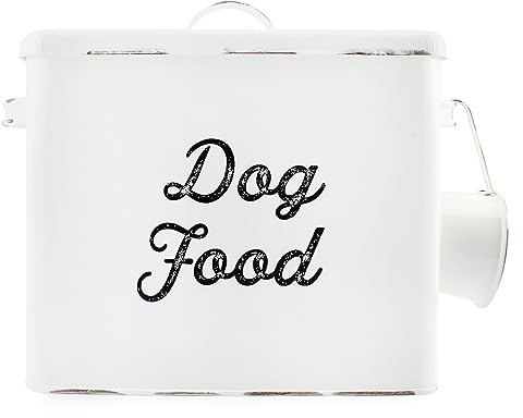 AuldHome Design Rustic Dog Food Canister, White Farmhouse Style Storage Bin for Small Dogs