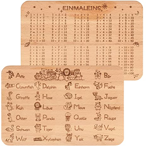 LOOPES ABC y 1 x 1 Tabla de desayuno infantil, tabla de desayuno para el comienzo del curso, tabla de madera de haya para aprender, idea de regalo para el comienzo del colegio para niñas y niños