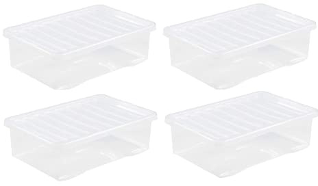 Homey Mart 4-Pack x 32L Plastic Storage Boxes with Lids – Crystal Clear Large Stackable & Nestable Storage Containers for Home, Office & Underbed Organisation