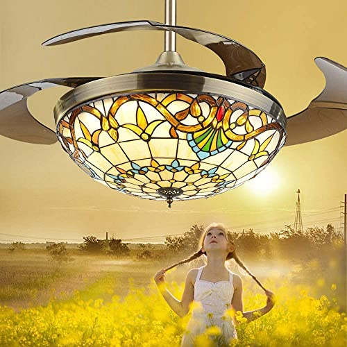 MOLOURK Ø107CM Wohnzimmer Deckenventilator mit Beleuchtung Licht Leise Vintage LED Deckenleuchte Ventilator Fernbedienung Deckenlampe für schlafzimmer Kinderzimmer Handgefertigter Buntglas Schirm