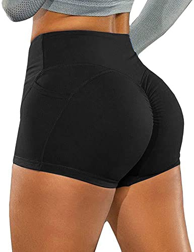 KOEMCY Pantaloncini Sportivi Donna, Fitness Pantaloncini Elastico Leggins Shorts Pantaloni Sportivi Corti Donna Push Up con Tasche per Palestra Jogging Allenamento Yoga Corti (Nero, S)