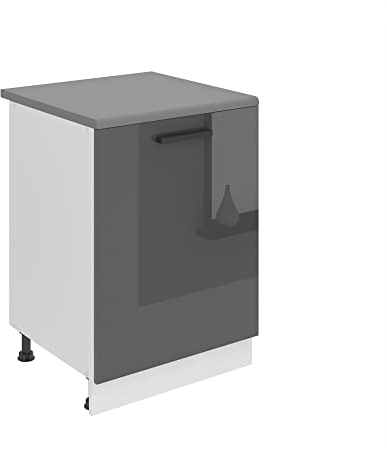 Belini Unterschrank Küche, Küchenunterschrank 60 cm Breite. SD Küchenunterschrank mit Arbeitsplatte. Küchenschrank mit 1 Tür, Silber Hochglanz