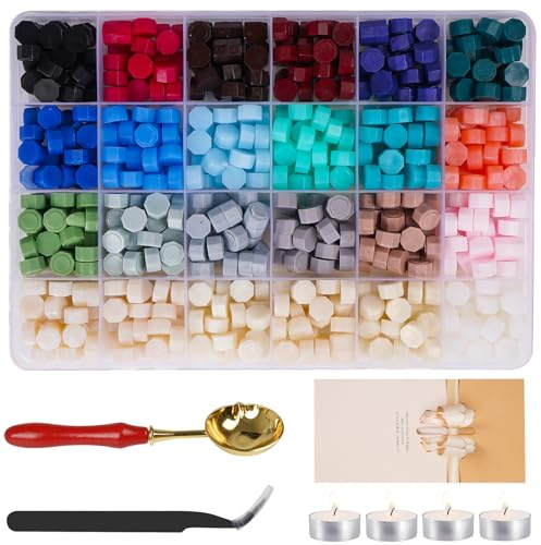 Perline di Ceralacca con 24 Colori e 600 pezzi Cera Sigillante Ottagonale con 4 Candele, 1 Cucchiaio e 1 pinzette per Inviti di Nozze, Buste, Lettere, Cartoline, Confezione Regalo-D