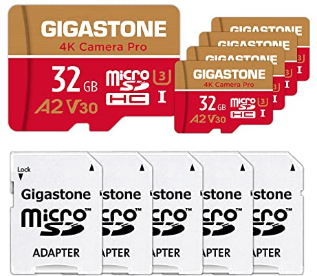 【Recupero dati gratuito per 5 anni】GIGASTONE MicroSDHC 32 GB (Set da 5), 4K Fotocamera Pro, compatibile con GoPro Drone Switch, Velocità 95 MB/s. per 4K UHD Video, A2 U3 V30, con adattatore
