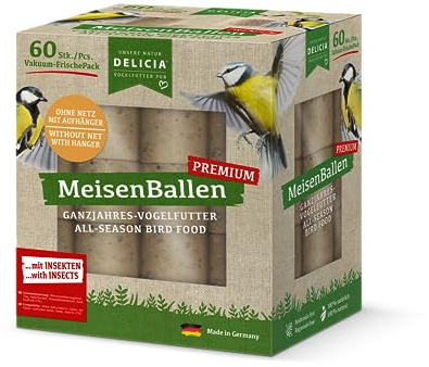 DELICIA® Premium MeisenBallen mit Insekten (60 St. ohne Netz) · Meisenknödel mit Aufhänger · Insektenknödel für Gartenvögel & Wildvögel · Vogelfutter Knödel · Körnerkugel zum Aufhängen