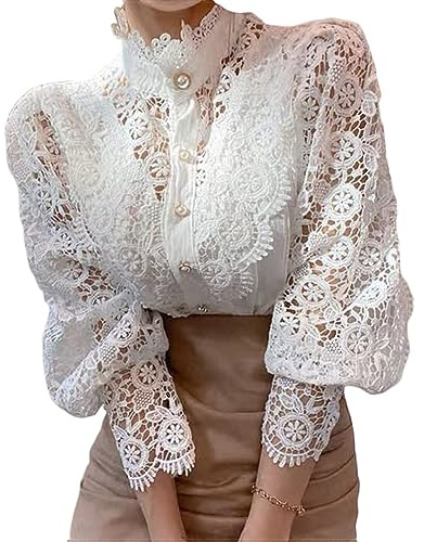 ORANDESIGNE Camicia in Pizzo Donna Autunno Camicia Elegante Collo Alto Shirt Pizzo a Manica Lunga Maglietta Formale Camicia Maniche a Sbuffo Casual Leggera Camicetta Lace Blusa A Bianco M