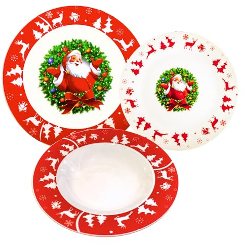 Omniacasa Juego de 18 platos de porcelana de Navidad para 6 personas con decoración de Papá Noel con guirnalda navideña