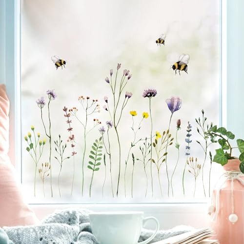 Wandtattoo Loft Fensterbilder Frühling mit Wildblumenwiese Frühling Motiv – A4 Bogen, Wiederverwendbar – Frühlingsdeko Fenster, Frühlingsbild Fenster, Fensterdeko, Fensterfolie