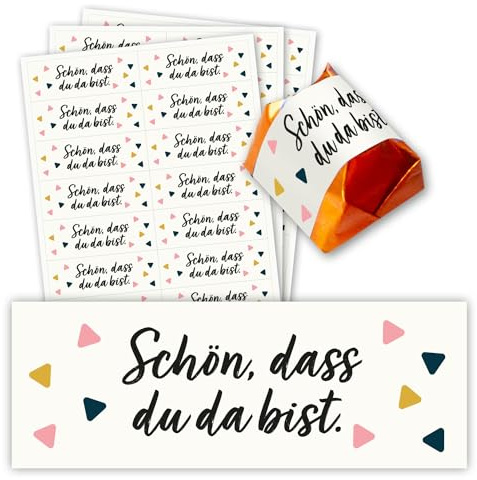 younikat Aufkleber-Set 60 Stk. Konfetti Spruch für Küsschen - dv1356 | Schön dass du da bist, Gastgeschenk Hochzeit Taufe Geburtstag, selbstklebend