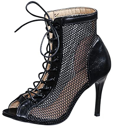 Heels Dance Class Bootie Sandalen, High Heels Pumps Sexy Schwarz Mesh Stiletto High Heels Schnüren Sandalen mit Fischmaul Tanzschuhe Mode Sandaletten Pole Dance Schuhe High Heels Stiefeletten