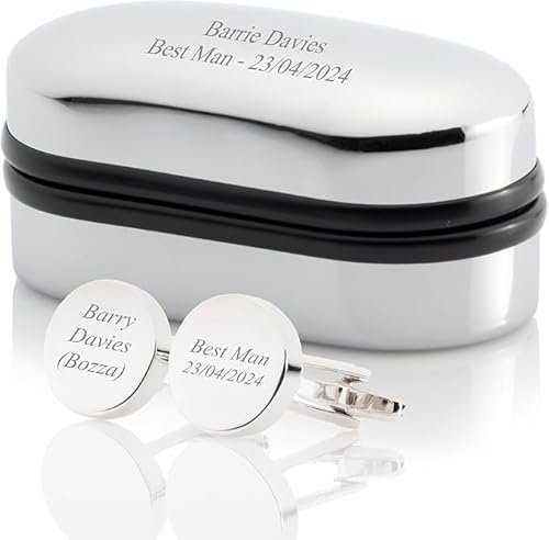 Personalised Silver Plated Best Man Cufflinks In Engraved Chrome Case - Engraved With Your Custom Text - 4 Shapes To Choose From