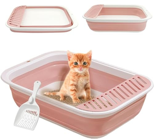 Großes Katzenklo Flacher Niedriger Einstieg Senioren mit Schaufel, Faltbares Flach Katzentoilette für Ältere Katzen, Offener Collapsible Cats Litter Box Rosa, Reisetoilette Katze