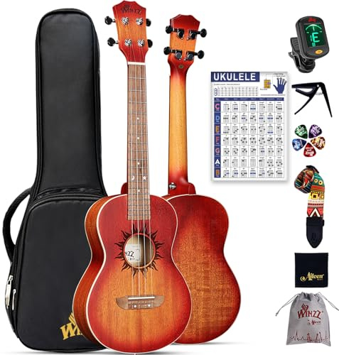 Winzz Ukulele Tenore 26 Pollici per Adulti Principianti, Kit Starter in Mogano, Set di Regali Unico, Design Unico (Corde di Carbonio, Sunburst Opaco)