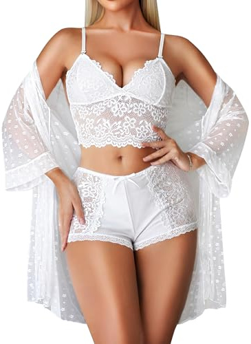 RSLOVE Conjunto de lencería sexy para mujer, ropa interior de encaje, bata con sujetador y bragas, Blanco, L