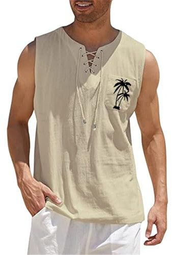 Herren Tank Top Ärmellose Leinenhemd Herren Tanktops aus Baumwolle und Leinen Sommer Unterhemd Leisure Mann Strand Urlaub Basic Shirt Vintage Schnüren Leichte Trägershirts