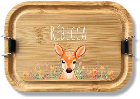 LOOXIS Personalisierte Edelstahl Lunchbox mit Holzdeckel für Kinder mit Namen & Motiv bedruckt – 800ml, inkl. Abtrennung, Auslaufsicher, Bento-Box – Geschenkidee Jungen, Mädchen, Einschulung – Reh