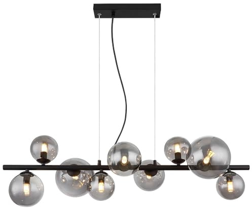Pendelleuchte Kugel Glas Hängelampe Esstischlampe schwarz Wohnzimmerlampe hängend Modern, 9 Flammig mit Rauchglas, 9x LED 3,5W 350lm warmweiß, LxH 86x120 cm