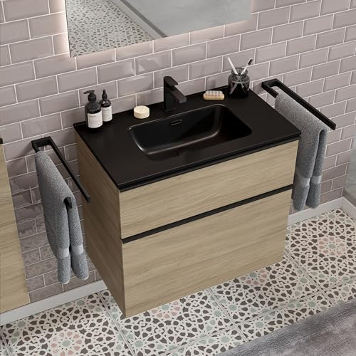 Zentrobad Griff Premium Waschbecken schwarz mit Unterschrank 80 cm Eiche Natur mit Zwei Schubladen und schwarzen Griffen, Waschtisch Badmöbel Badezimmer Schrank Badschrank