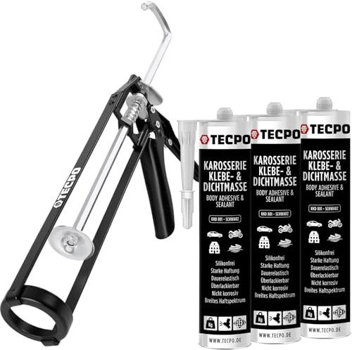 TECPO Klebe- und Dichtmasse, 3X 370g schwarz Karosseriekleber mit Skelett Kartuschenpresse