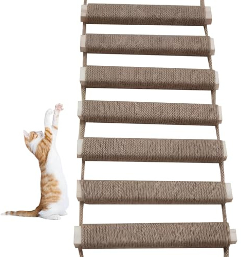 Katzenbaumwandkletterbrücke, Katzenkletterseilleiter, hängende hölzerne Katzenbrücke mit Leinenseil, Kratzfeste Katzenleiter für Innenkatzen Katzenzubehör/10x39 Zoll
