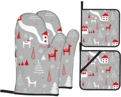 Ofenhandschuhe und Topflappen-Set, Weihnachtsbaum, Hirsch, Häuser, hitzebeständig, Küche, Backhandschuhe, rutschfeste Oberfläche zum Kochen, Backen, Grillen, Grillen
