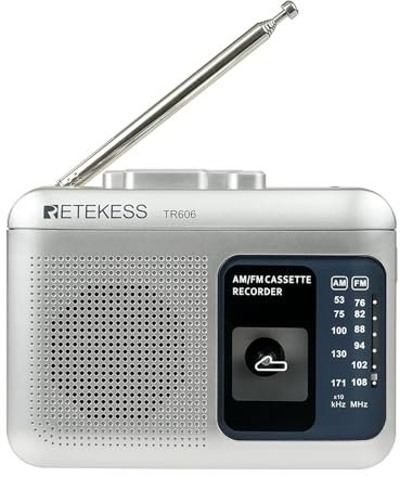 Retekess TR606 Kassettenrecorder,Tape Recorder,FM AM Radio,Tragbarer Kassettenspieler,2 Stromversorgungsmethoden,Schneller Vor- und Rücklauf,Alte Kassetten abspielen(Silber)