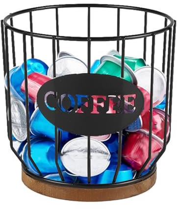 Gzsekken Coffee Pod Organizer,Coffee Pod Storage Holder with Rustic Wooden Base,Black Wire Coffee Storage Basket K Cup Holder,Coffee Bar, Coffee Station Organizer