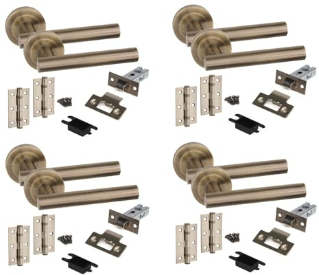 Golden Grace Straight T-Bar Door Handles with Tubular Latch, Antique Brass | Four-pack includes 3-inch ball bearing hinges and 63mm latches with a 45mm backset for interior door setup.