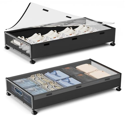 Contenitori portaoggetti sotto il letto con ruote, 80 l, organizer per scarpe extra large da mettere sotto il letto, confezione da 2 con coperchi rimovibili, grandi cassetti arrotolabili sotto il