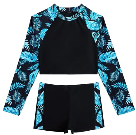 SEAUR Flicka Rashguard-set, magfri, badshorts, tvådelad baddräkt, solskydd, badkläder, barn, långärmad baddräkt – 130–160, Blått mönster, 130