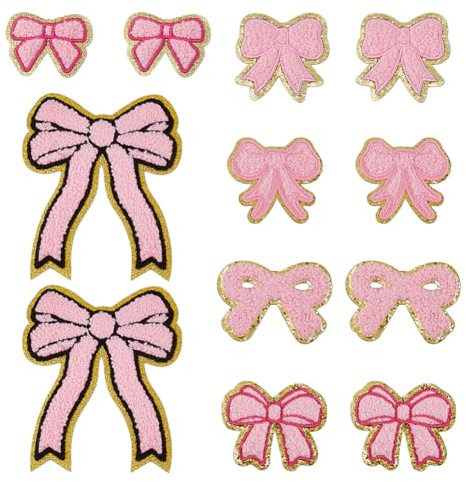 DICOSMETIC 12Pcs 6 Styles Pink Bow Patches Chenille Iron on Patches Cute Bow Applique Sequin Embroidery Cloth Iron On Patche for Clothes Hats Backpacks Jackets Accessories