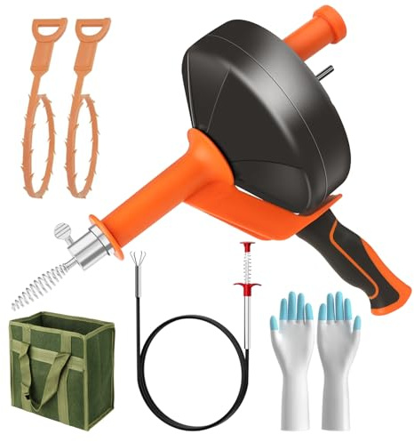 Espiral de limpieza de tuberías de 10 m, desatascador de desagües en espiral para limpieza de tuberías, desatascador de desagües en espiral para alcantarillado con guantes impermeables para cocina