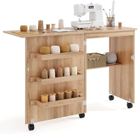 GIANTEX Tavolo da Cucito Pieghevole con Ruote, Mobile per Macchina da Cucire con 4 Ripiani Aperti e Ampio Piano di Lavoro, Ideale per Soggiorno, Camera da Letto e Sala Hobby (Naturale)