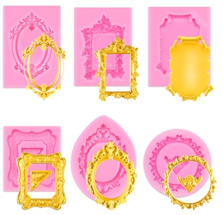 Fatiya 6 cornici portafoto in silicone in stile barocco, forme per caramelle fondente, per decorazioni artigianali, modelli vintage per cioccolato, topper per cupcake, argilla polimerica per cottura