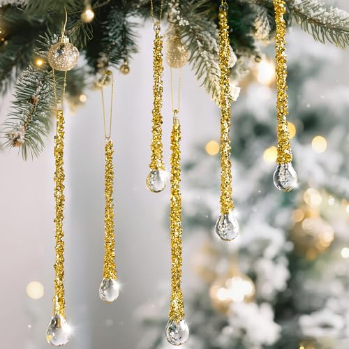 H&D HYALINE & DORA 6 and 8 Golden Glass Icicle Drop Ornaments Glass Icicles Hanging Ornament for Christmas Tree Outdoor Decor, Set of 6