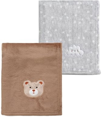 CREVENT 2 x 75 x 100 cm süße, gemütliche, warme Babydecken für Säuglinge, Kleinkinder, Bettwäsche, Kinderbett, Kinderwagen – graue Wolke + Braunbär