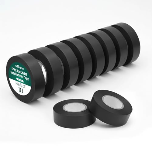 WINSOME Electrical Tape Pack of 10 | 20m X 19mm Waterproof Insulation Tape for Electric Wires & Cables | Strong & Sticky Electrician’s Tape for Preventing Short Circuits (Black, Pack of 10)