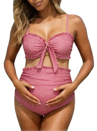 Maillot De Bain Femme Enceinte Natation Piscine Maillot De Bain Grossesse Maternité 2 Pièces Chic Grande Taille Gainant Ventre Plat a la Mode Tropical Plage Sport Bikini (Watermelon Red, M)