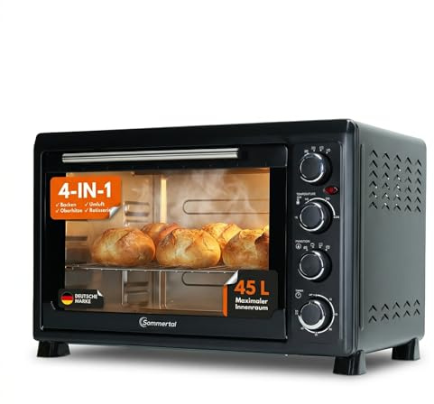 Sommertal Minibackofen 45L | 2000W, Drehspieß, Umluft, 100-230°C, 60min | Hähnchengrill, Konvektion, Backen, Grillen & Pizza, 60 Min Timer, 7-tlg. Zubehör, Tischbackofen, Pizzaofen & Toasterofen