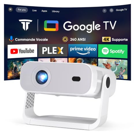 Nouveau videoprojecteur Google TV 2026 avec Applications intégrées, résolution Native 1080p et 4K Compatible, Wi-FI 6 et Bluetooth 5.2, 240 ANSI, Ventilateur Silencieux (<30 DB), pour iOS/Android/PS5