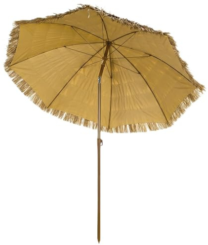 Outsunny Parasol de plage à franges en paille Ø178 cm, parasol de terrasse extérieur avec inclinaison, hauteur réglable, UV50+, sac de transport, ancrage de sable, marron clair