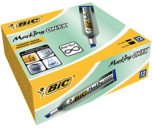 BIC Marking Onyx 1481 Marqueurs Permanents à Pointe Moyenne Biseautée - Bleu, Boîte de 12