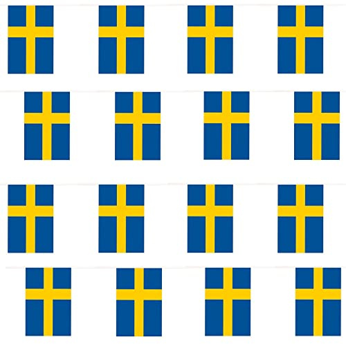 Wimpelkette mit schwedischer Flagge, 10m, internationale Flagge, 20x30cm, für Sport-Fans, für drinnen und draußen, Dekoration für jedes Wetter auf der ganzen Welt, Euro-Wimpelkette