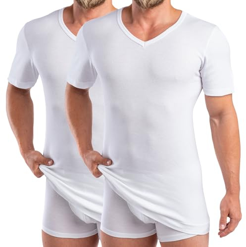 HERMKO 488710 Extra lång kortärmad skjorta för män + 6 cm V-hals med linning som avslutning, Vit, XXL